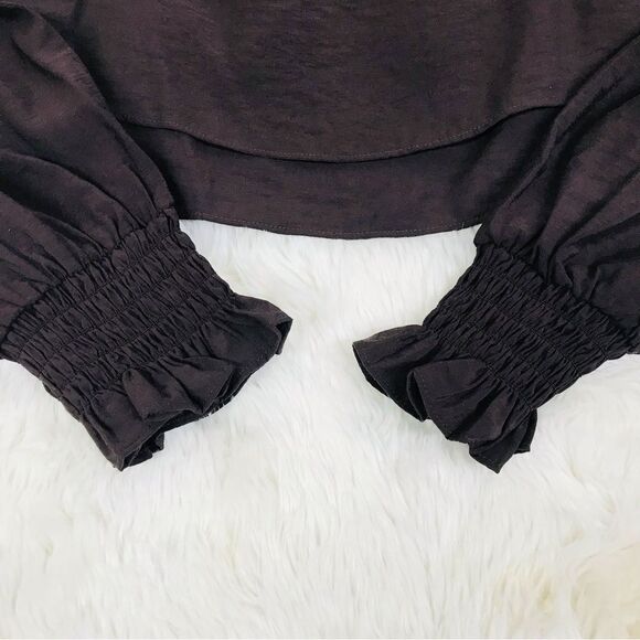 GIANNI BINI Brown Cropped Peasant Blouse Top Puff Sleeve Square Neck Small New - Picture 7 of 11